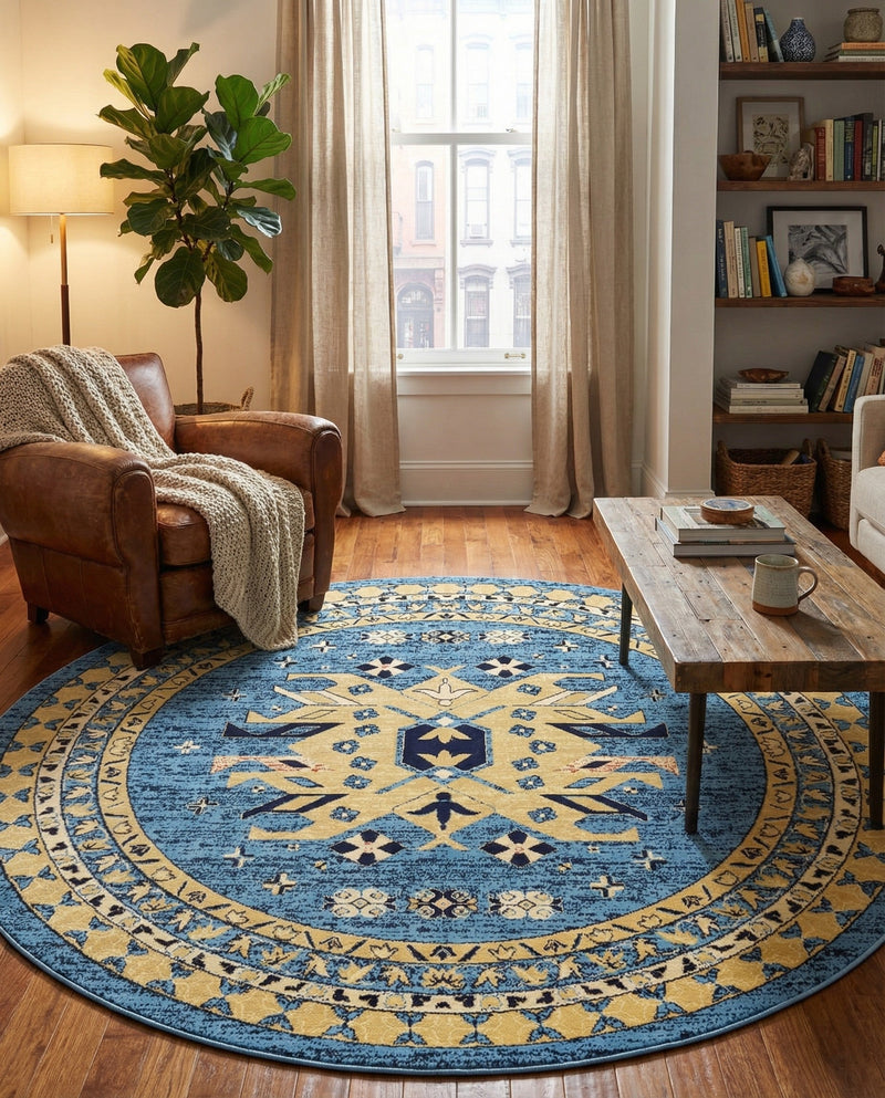 Tabriz Tapestries Collection Area Rug - Azerbaijan (Light Blue) Round Light Blue  lifestyle 58