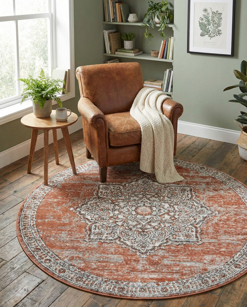 Mykonos Manor Collection Area Rug -  Tinos (Salmon Pink) Round Salmon Pink  lifestyle 27