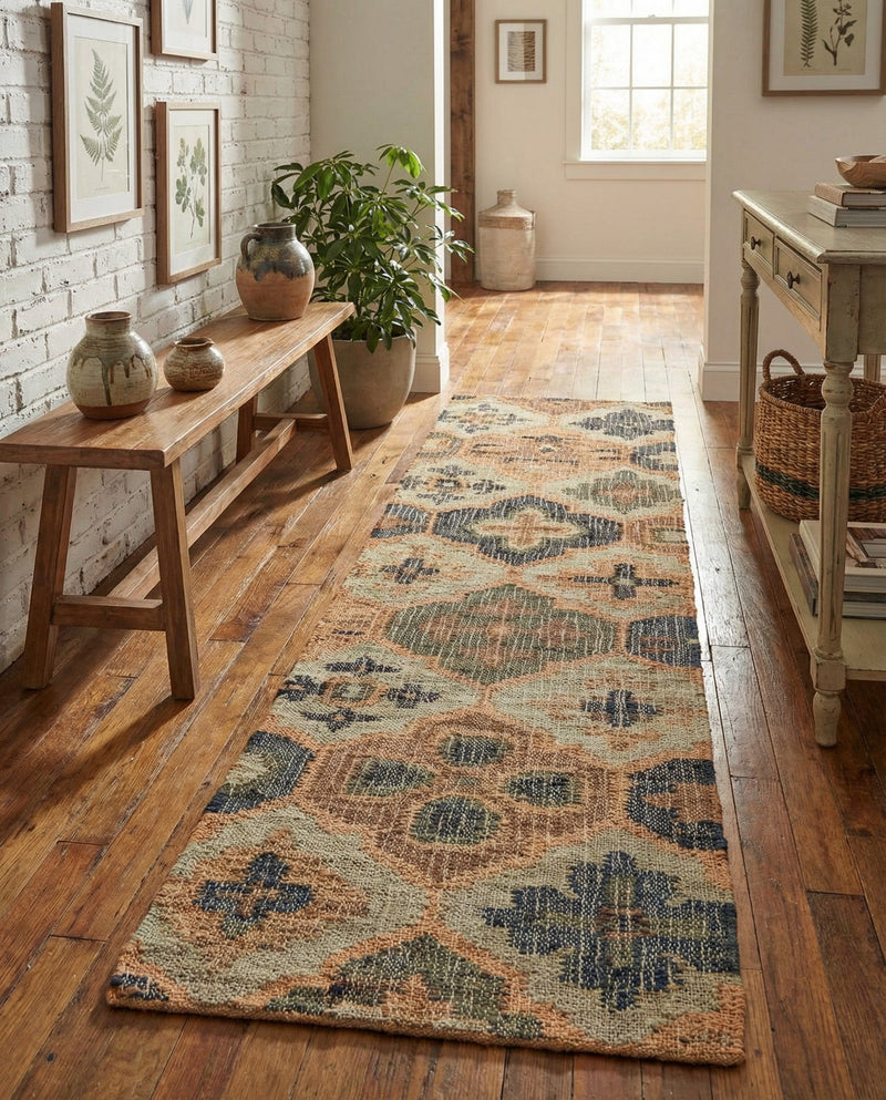 Benares Handwoven Jute Collection Area Rug - Ganges Runner Blue and Green  lifestyle 59