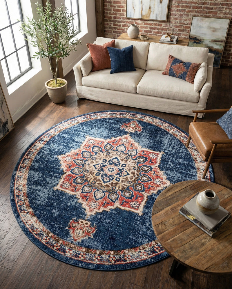 Eden Oasis Collection Area Rug -  Tranquility (Dark Blue) Round Dark Blue  lifestyle 38