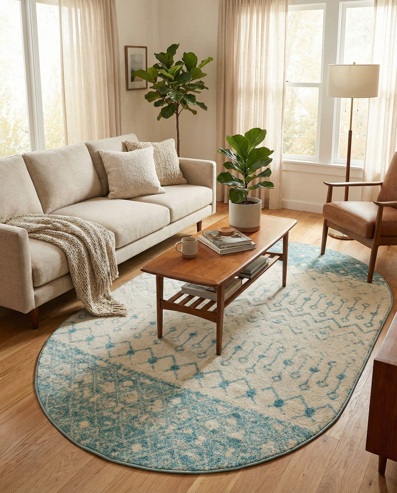 Mediterranean Lattice Collection Area Rug -  Casablanca (Ivory Blue) Oval Ivory Blue  lifestyle 24