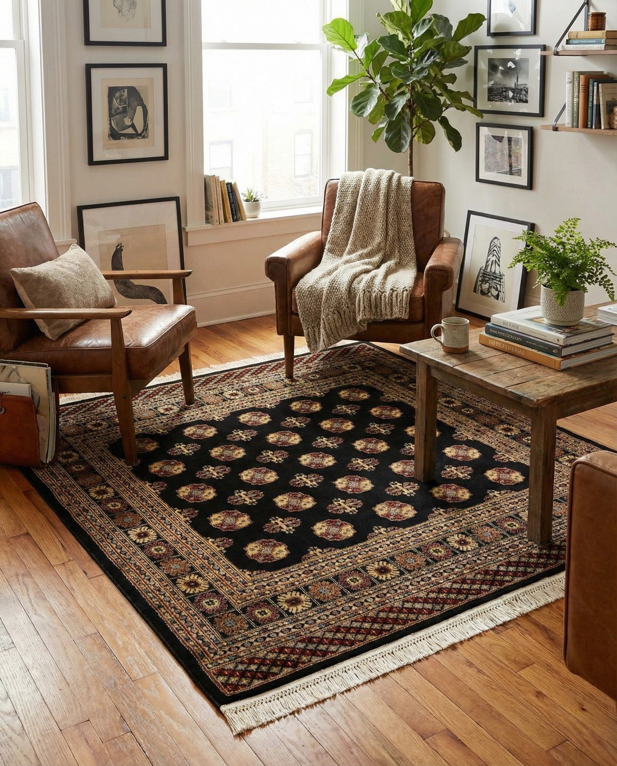 Samarkand Elegance Collection Area Rug -  Margilan (Black) Square Black  lifestyle 84