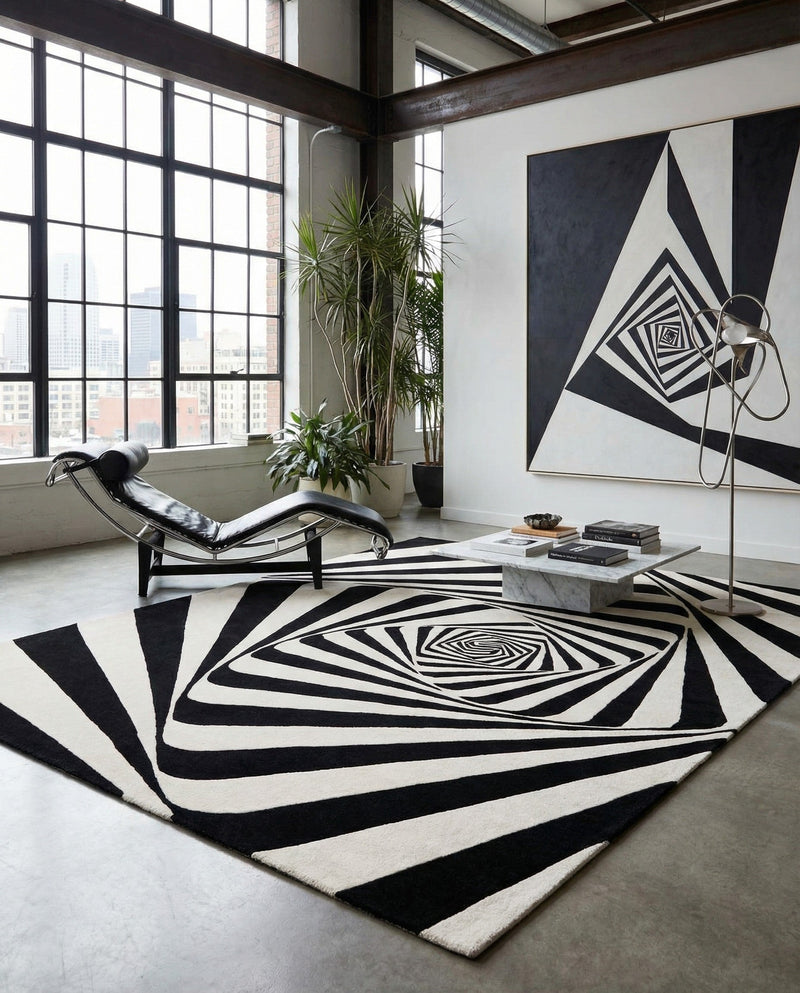 Cyclone Wool Collection Area Rug -  Twister Rectangle Black and White  lifestyle 14