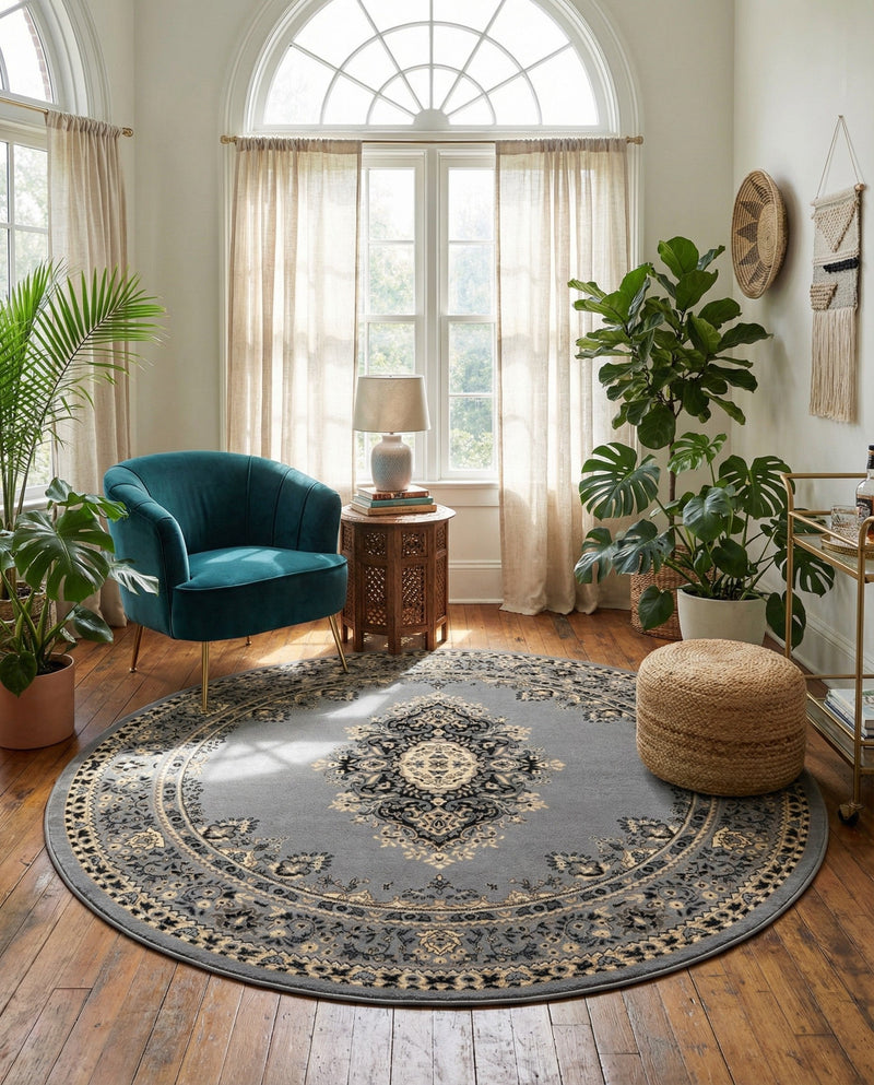 Tabriz Tapestry Collection Area Rug - Azerbaijan (Gray) Round Gray  lifestyle 33