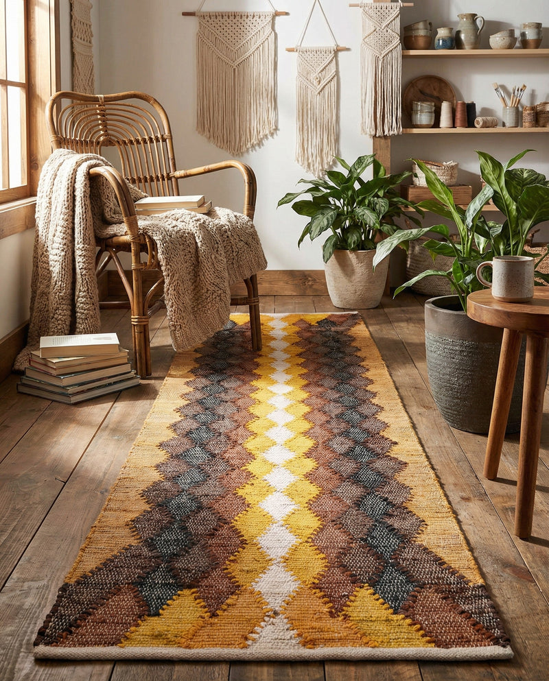 Thar Cotton Collection Area Rug -  Munnar Runner Brown Yellow Black  lifestyle 38