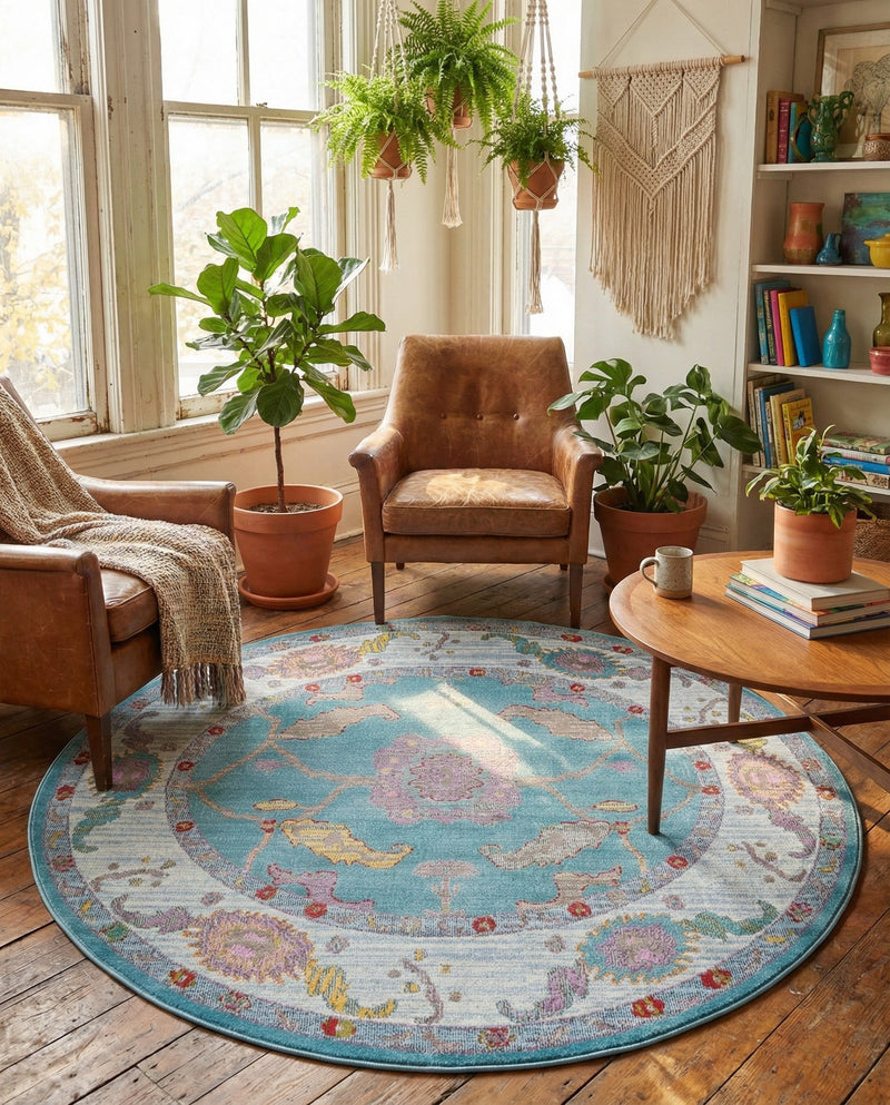 Arcadia Rugs Collection Area Rug - Eden (Aqua and Blue) Round Aqua and Blue  lifestyle 73