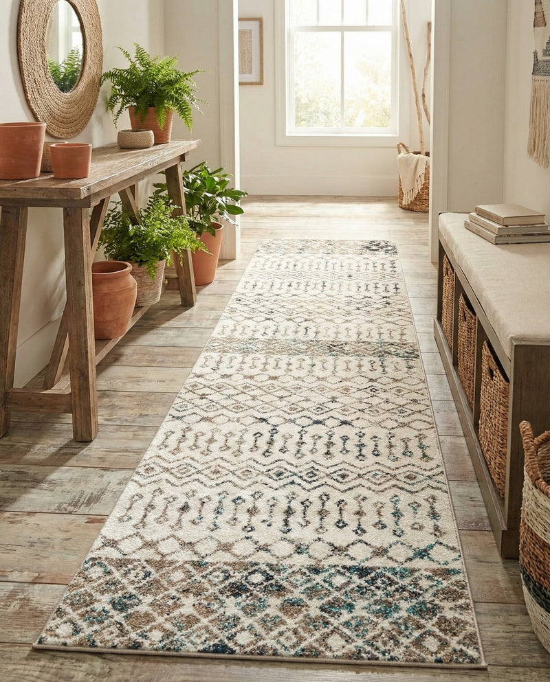 Mediterranean Lattice Collection Area Rug -  Casablanca (Ivory Gray Blue) Runner Ivory Gray Blue  lifestyle 68