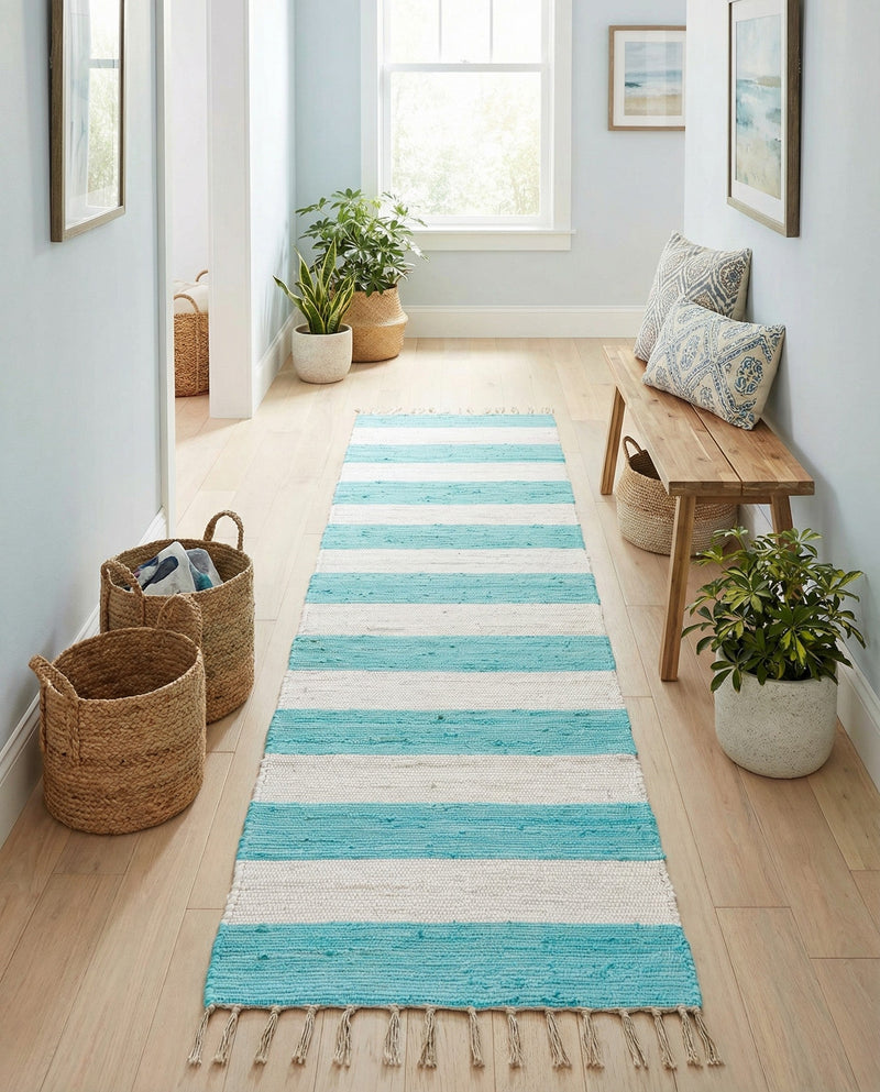 Tassel Trail Collection Area Rug - Pathway (Turquoise and Ivory) Runner Turquoise and Ivory  lifestyle 53