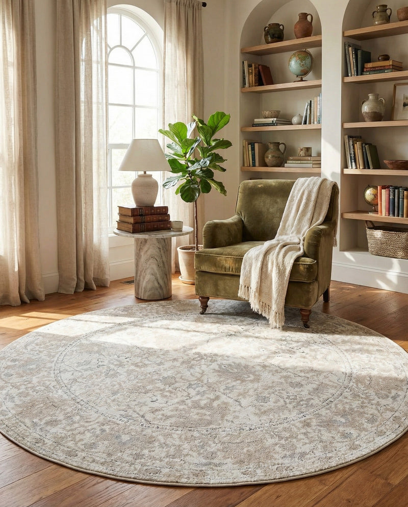 Cascade Range Collection Area Rug -  Shasta (Ivory) Round Ivory  lifestyle 59