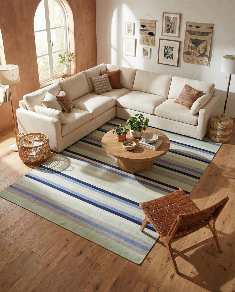 Coastal Stripe Dhurrie Collection Area Rug - Seashore Rectangle Aqua Blue and Gray  lifestyle 23