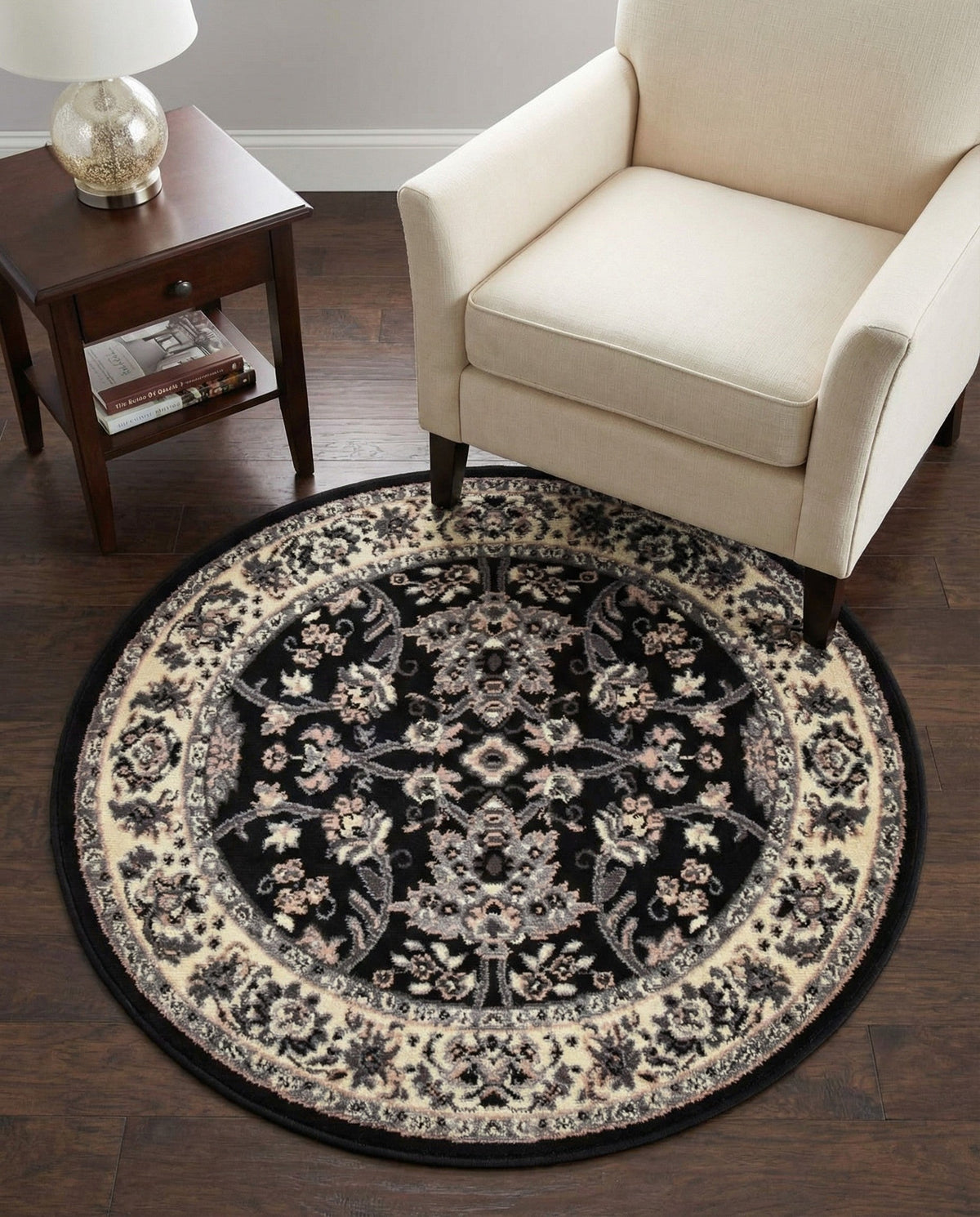 Isfahan Elegance Collection Area Rug - Naghsh-e Jahan (Black) Round Black  lifestyle 124