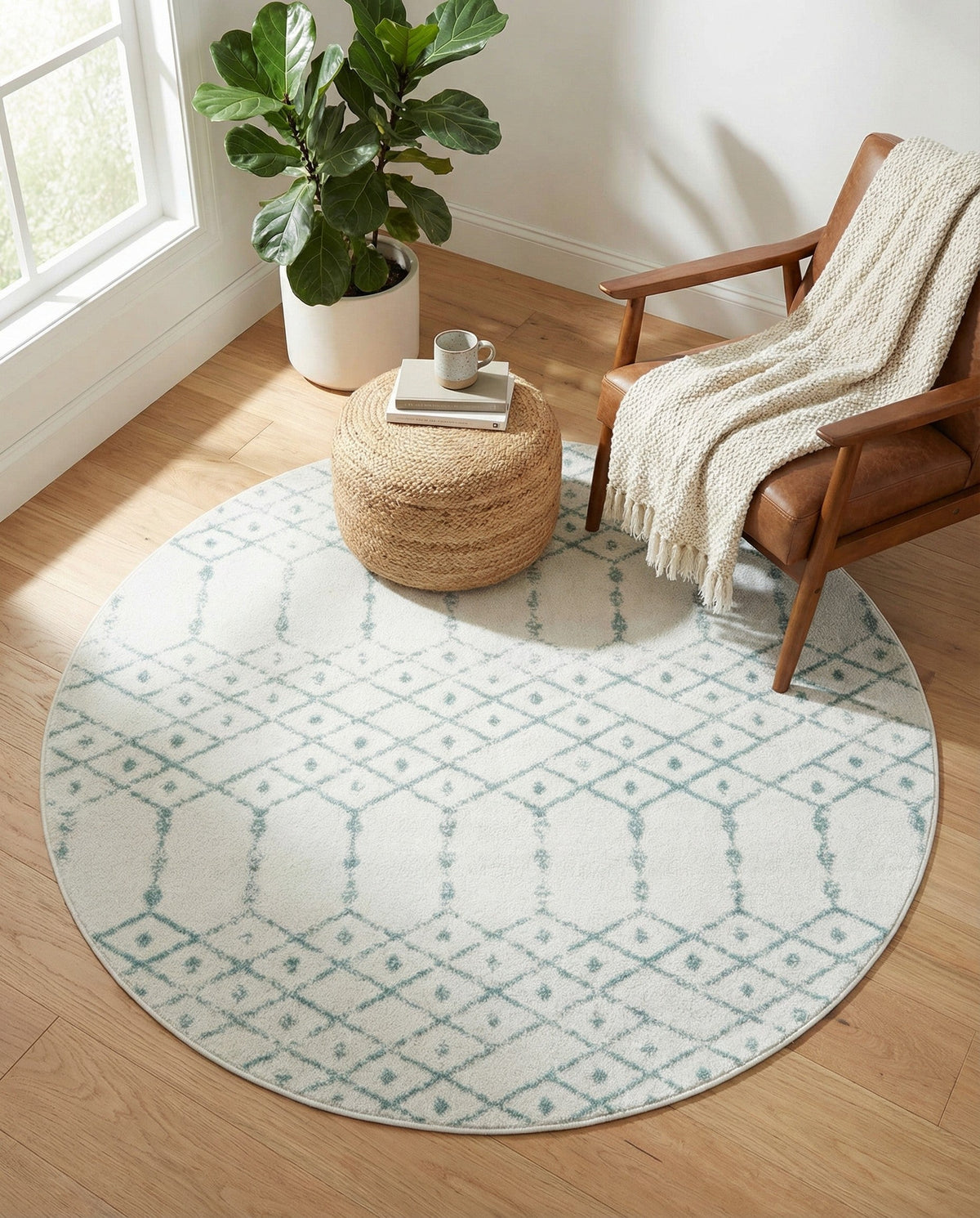 Marrakesh Lattice Collection Area Rug - Casablanca (Ivory Aqua) Round Ivory Aqua  lifestyle 81