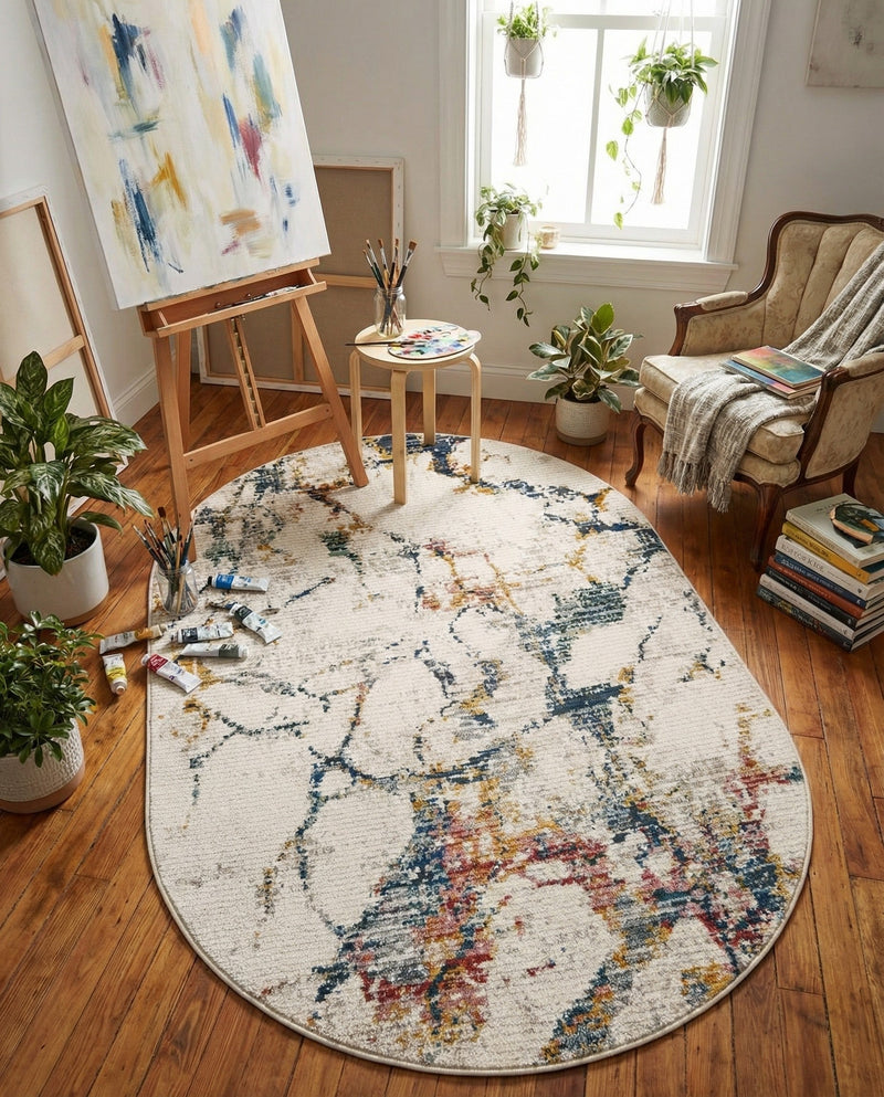 Jewel Oasis Collection Area Rug -  Opaline Oval White Navy  lifestyle 61