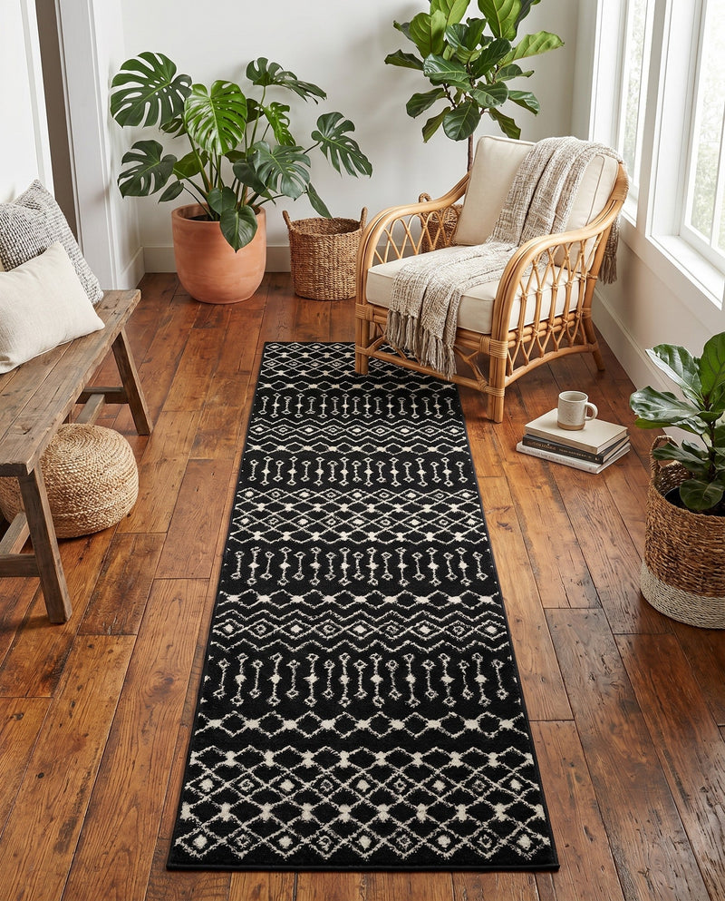 Mediterranean Lattice Collection Area Rug - Santorini (Black and White) Runner Black and White  lifestyle 35