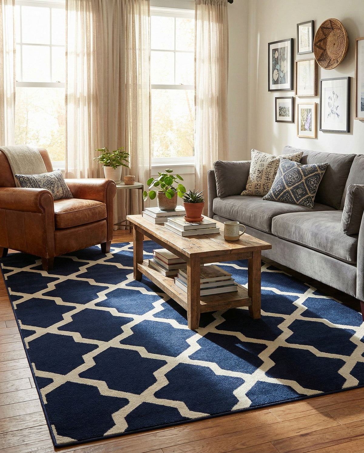 Lattice Gardens Collection Area Rug -  Floratown Rectangle Navy Blue  lifestyle 4