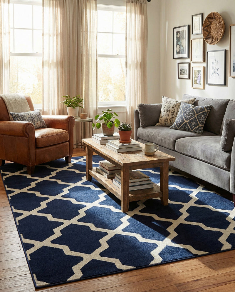 Lattice Gardens Collection Area Rug -  Floratown Rectangle Navy Blue  lifestyle 4