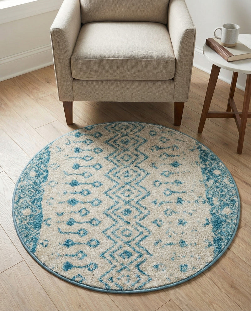 Mediterranean Lattice Collection Area Rug -  Casablanca (Ivory Blue) Round Ivory Blue  lifestyle 76