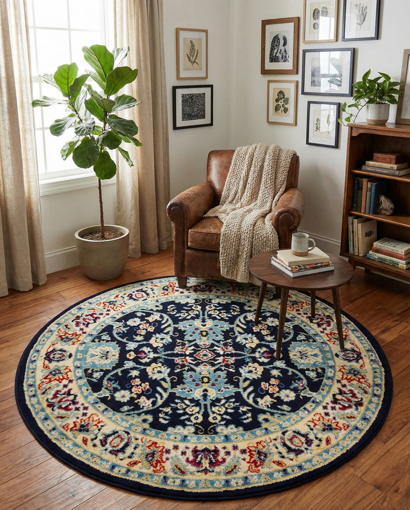 Isfahan Elegance Collection Area Rug - Naghsh-e Jahan (Navy Blue) Round Navy Blue  lifestyle 80