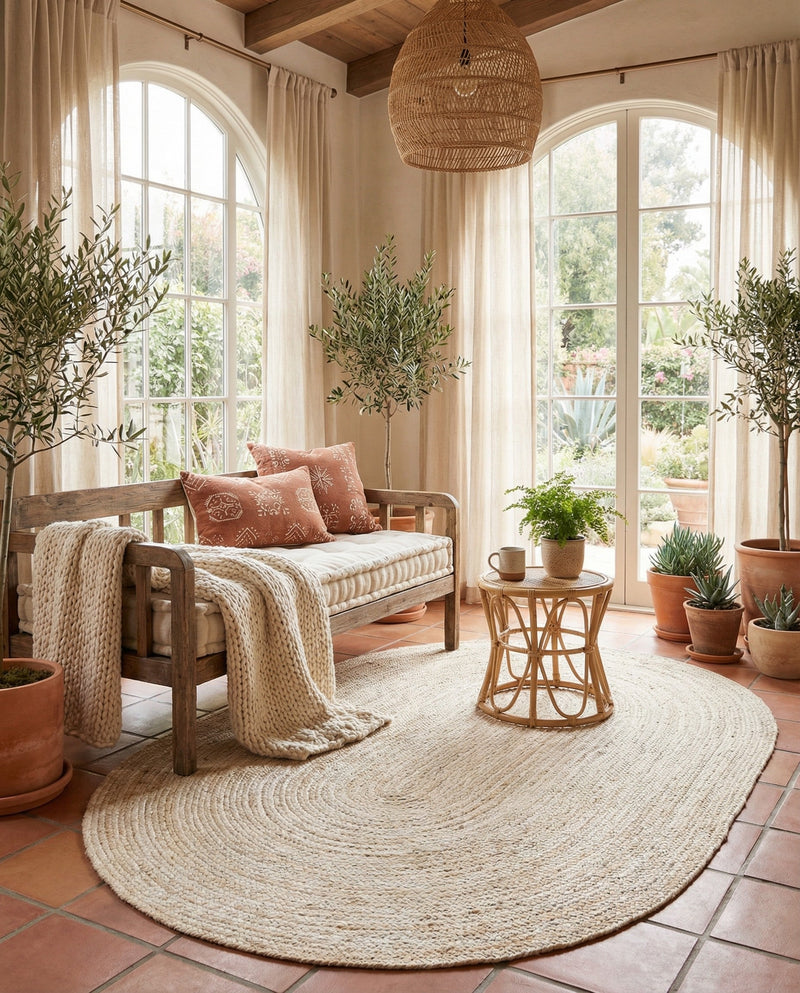 Woven Seaside Jute Collection Area Rug - Savannah (White) Oval White  lifestyle 62
