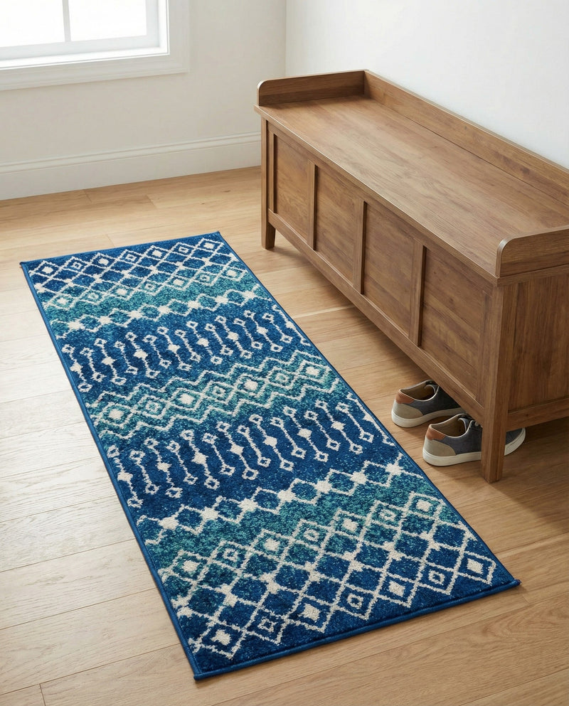 Mediterranean Lattice Collection Area Rug - Santorini (Navy and Teal) Runner Navy and Teal  lifestyle 37