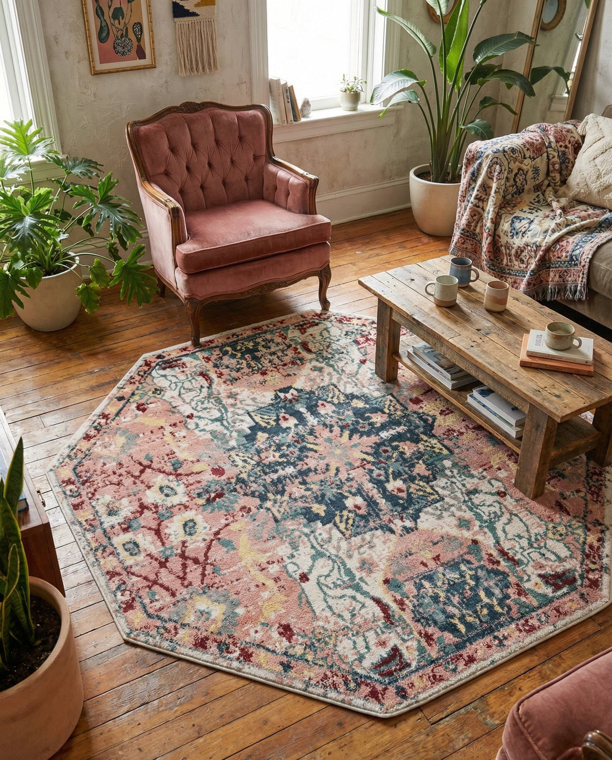 Savannah Elegance Collection Area Rug -  Azalea Octagon Pink  lifestyle 148