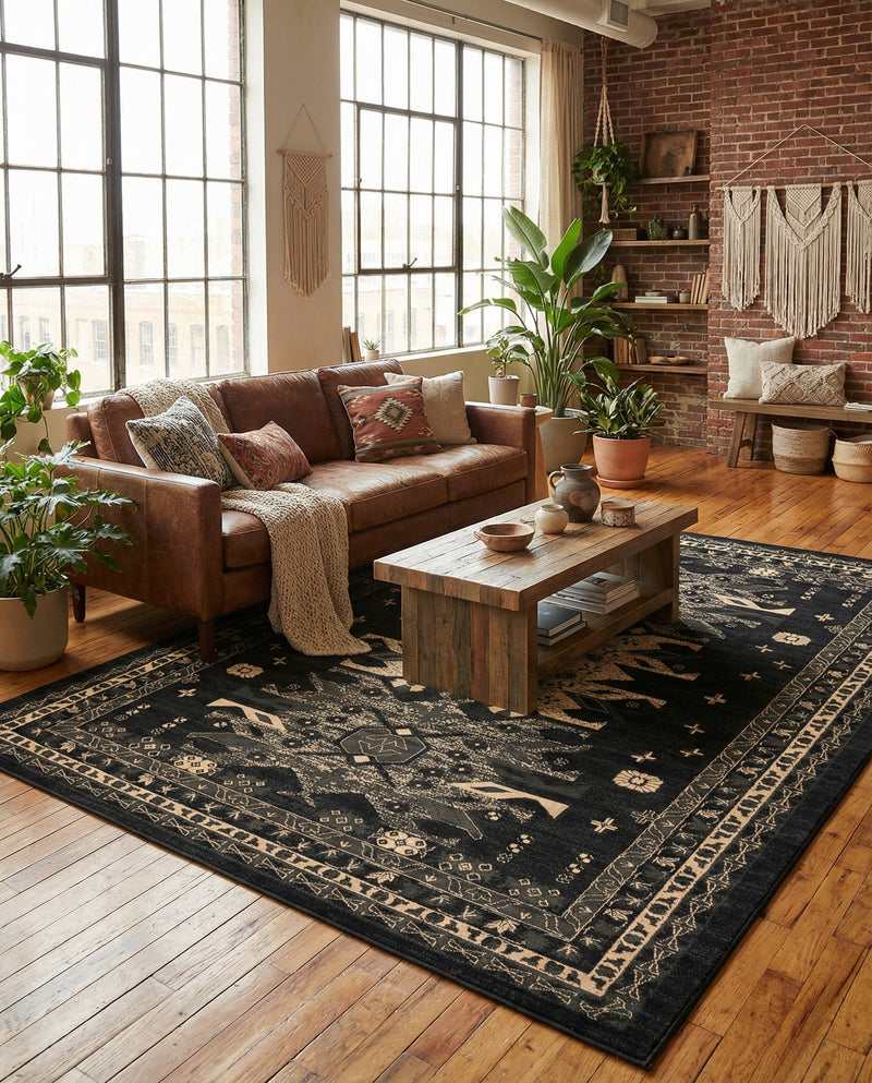 Tabriz Tapestries Collection Area Rug - Azerbaijan (Black) Rectangle Black  lifestyle 18