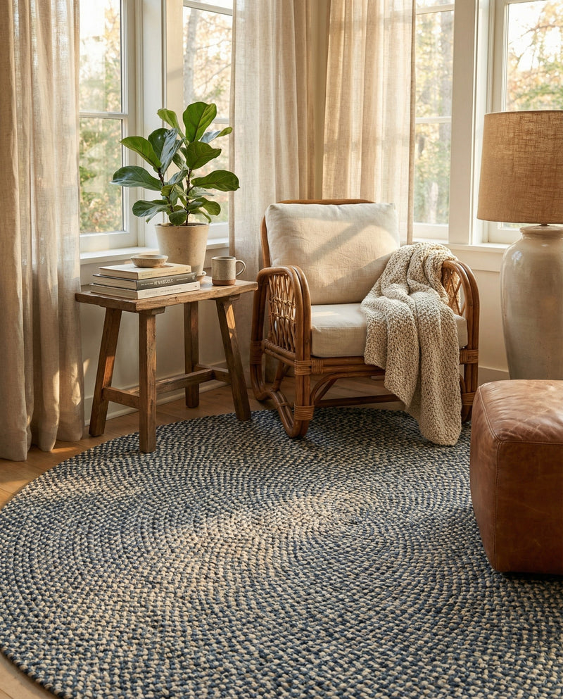 Highland Woven Jute Collection Area Rug - Glenmore (Navy Blue) Round Navy Blue  lifestyle 67