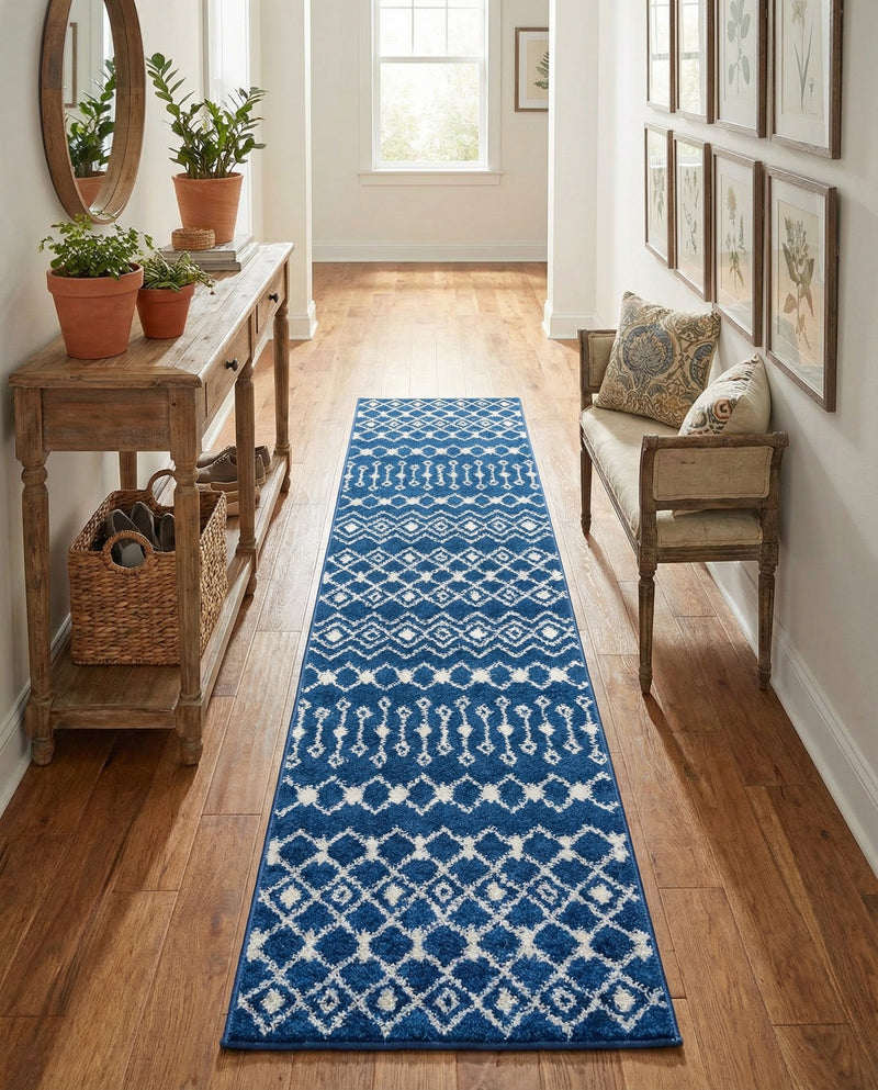 Mediterranean Lattice Collection Area Rug - Santorini (Navy Blue) Runner Navy Blue  lifestyle 79
