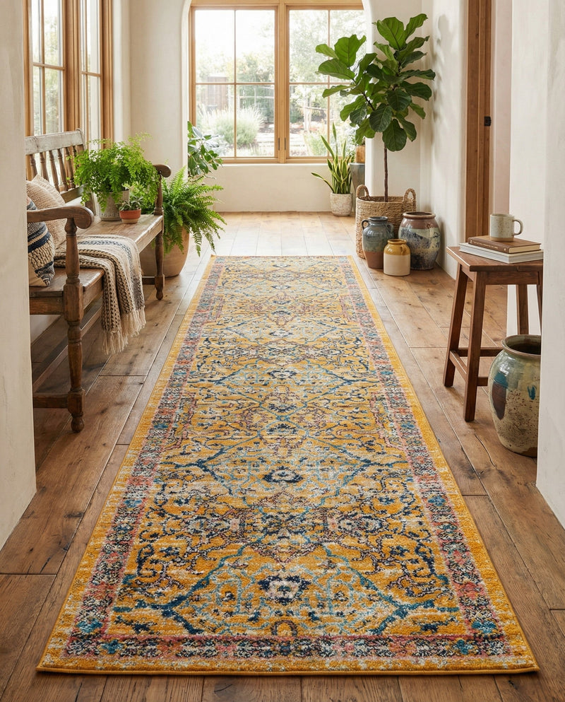 Seville Stripes Collection Area Rug -  Malaga (Yellow) Runner Yellow  lifestyle 32