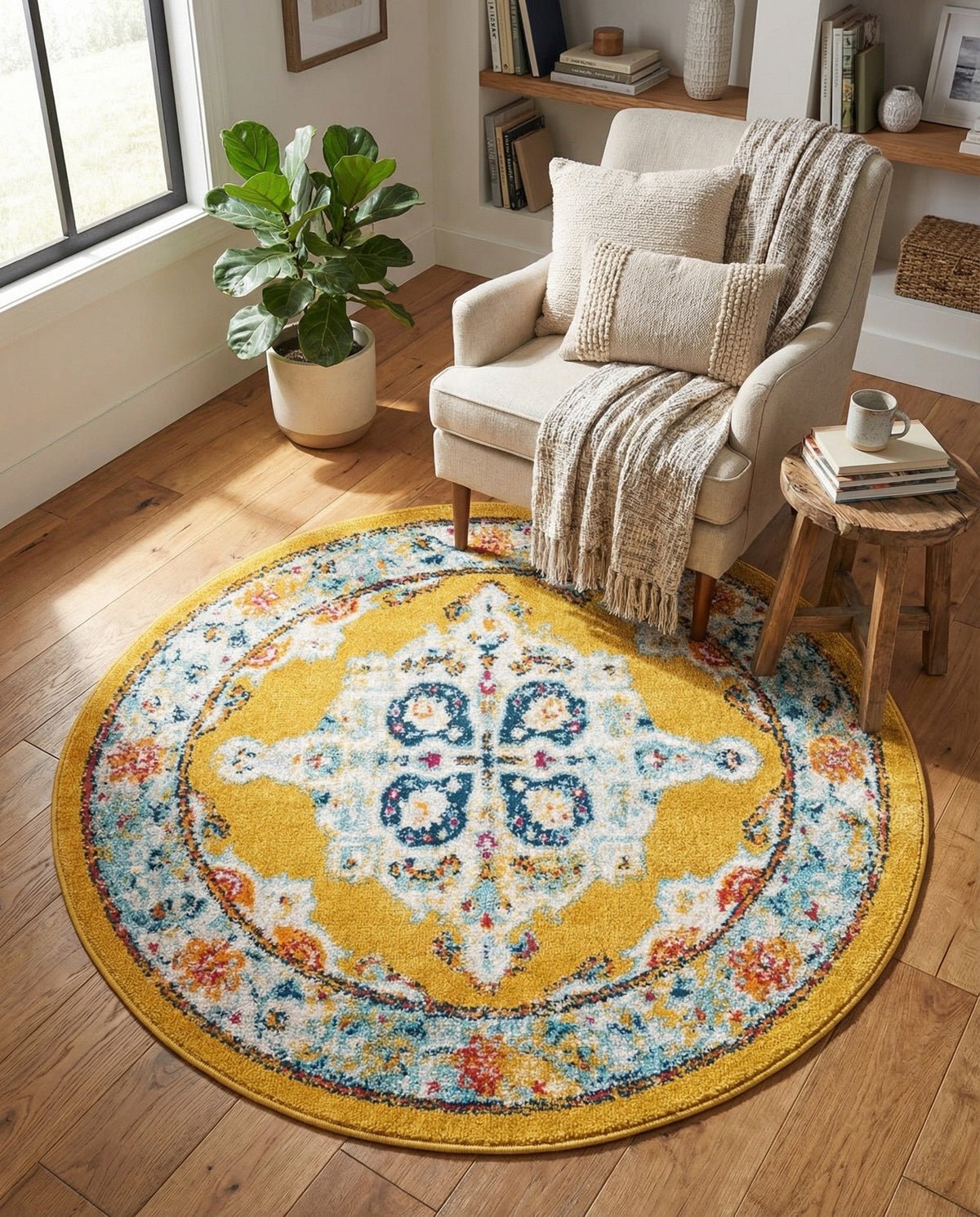 Beverly Grove Collection Area Rug -  Fairfax (Yellow) Round Yellow  lifestyle 89