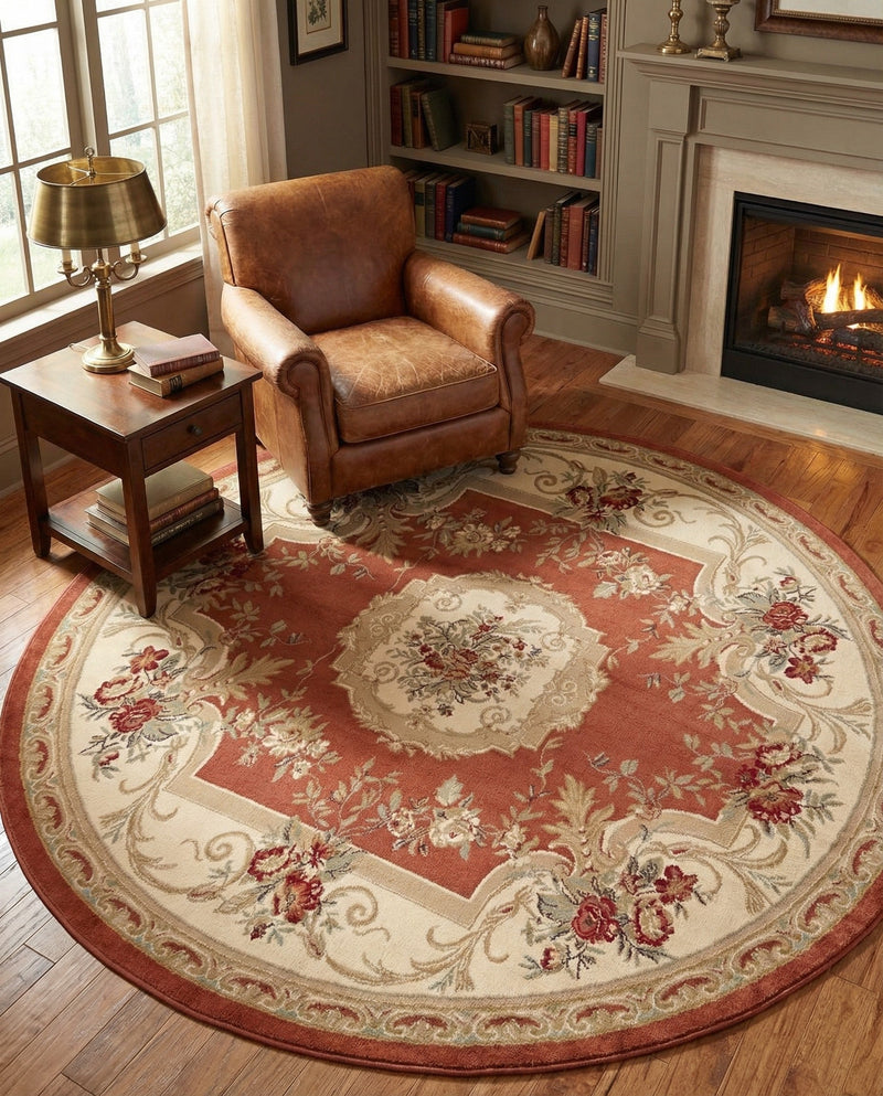Versailles Elegance Collection Area Rug -  Louveciennes (Brick Red) Round Brick Red  lifestyle 35