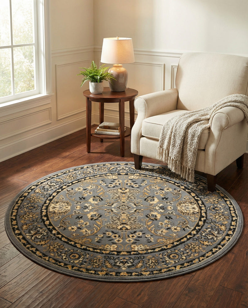 Isfahan Elegance Collection Area Rug - Naghsh-e Jahan (Gray) Round Gray  lifestyle 58