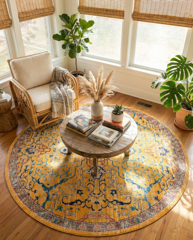 Seville Stripes Collection Area Rug -  Malaga (Yellow) Round Yellow  lifestyle 23