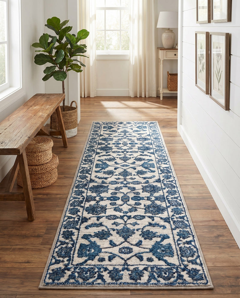 Charleston Elegance Collection Area Rug -  Seaport (White Blue) Runner White Blue  lifestyle 72