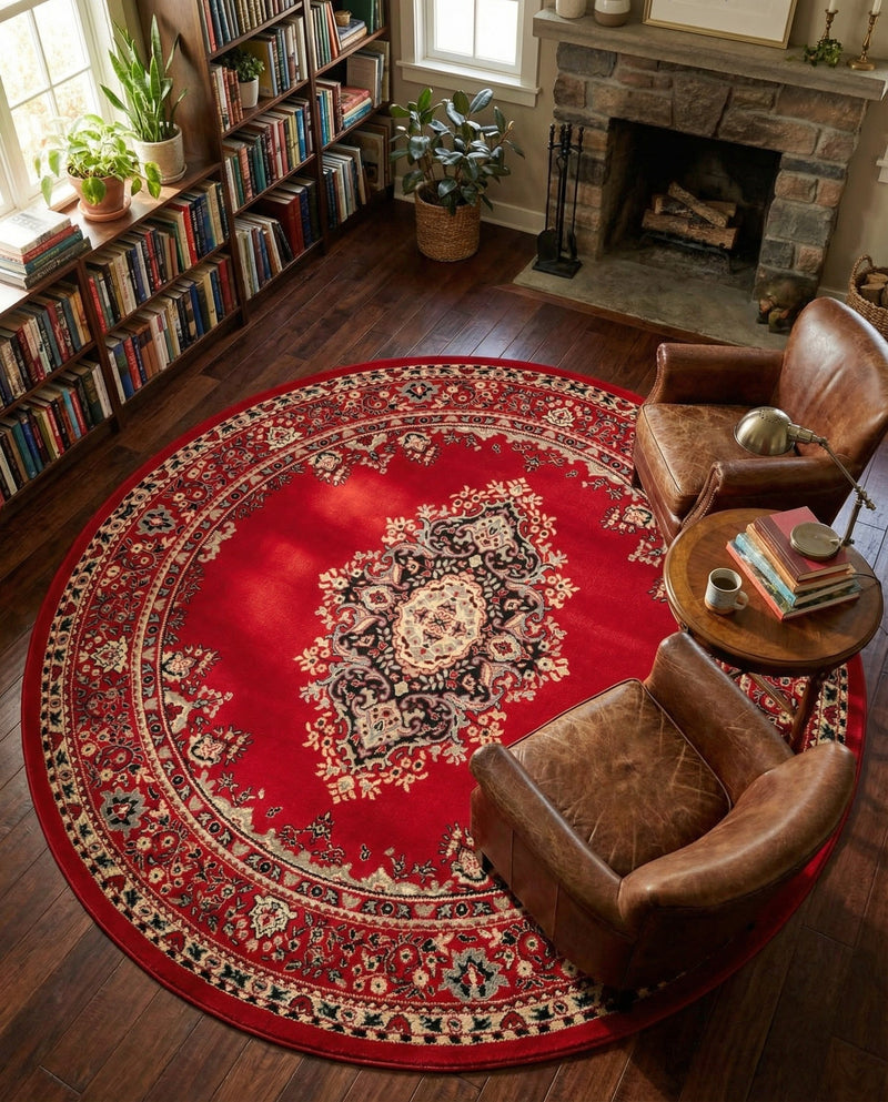 Tabriz Tapestry Collection Area Rug - Azerbaijan (Red) Round Red  lifestyle 44