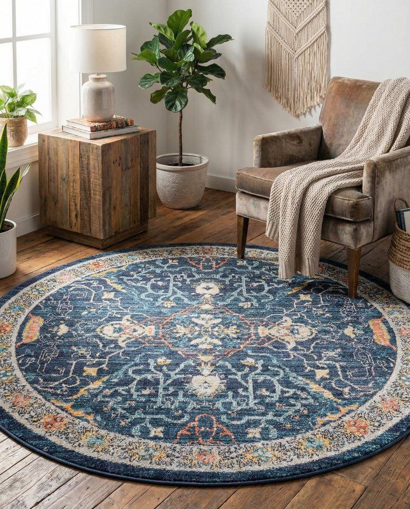 Seville Stripes Collection Area Rug -  Malaga (Navy Blue) Round Navy Blue  lifestyle 79