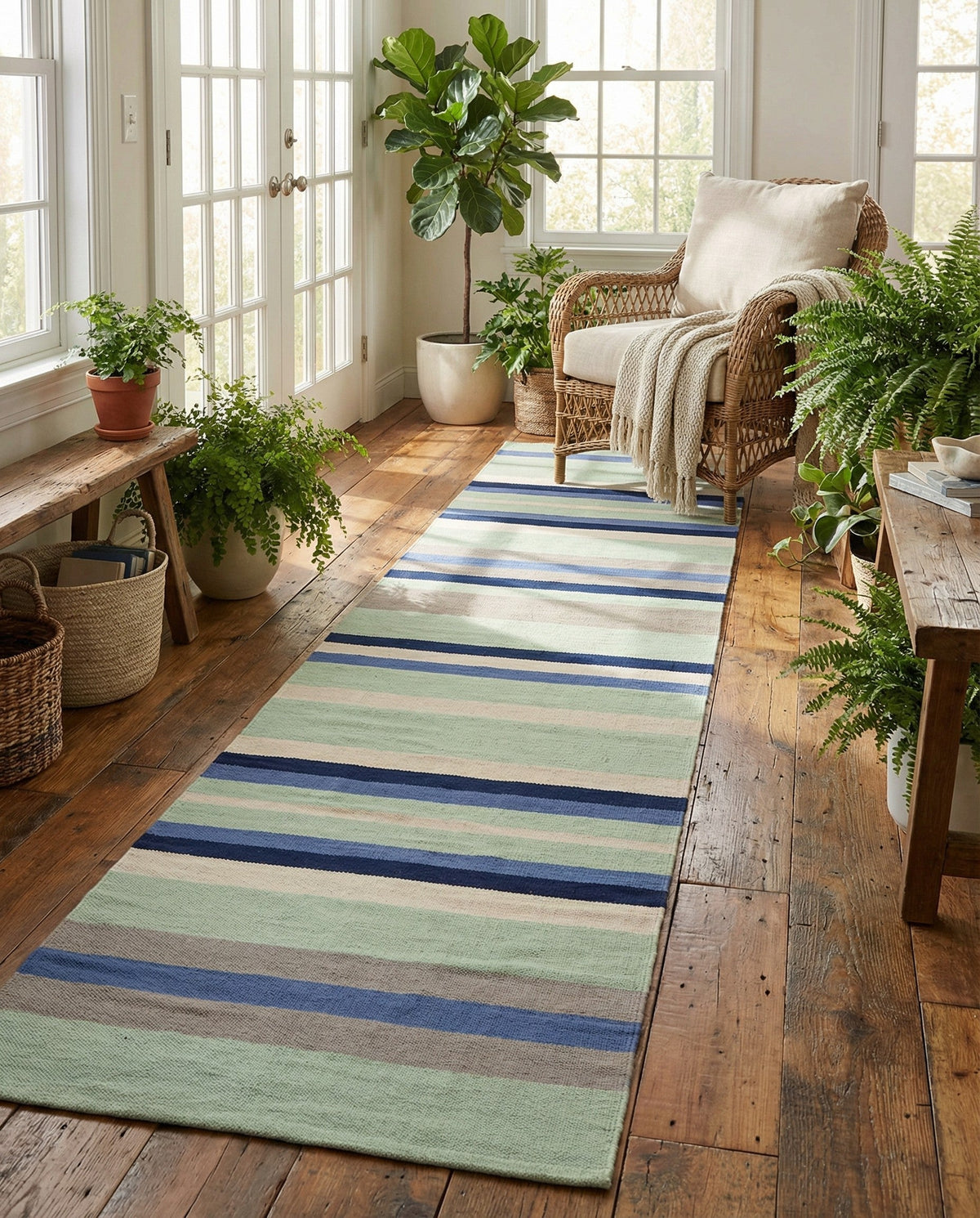 Coastal Stripe Dhurrie Collection Area Rug - Seashore Runner Aqua Blue and Gray  lifestyle 96