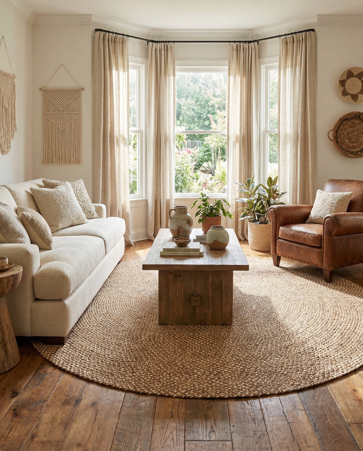 Highland Woven Jute Collection Area Rug - Glenmore (Light Brown) Round Light Brown  lifestyle 52