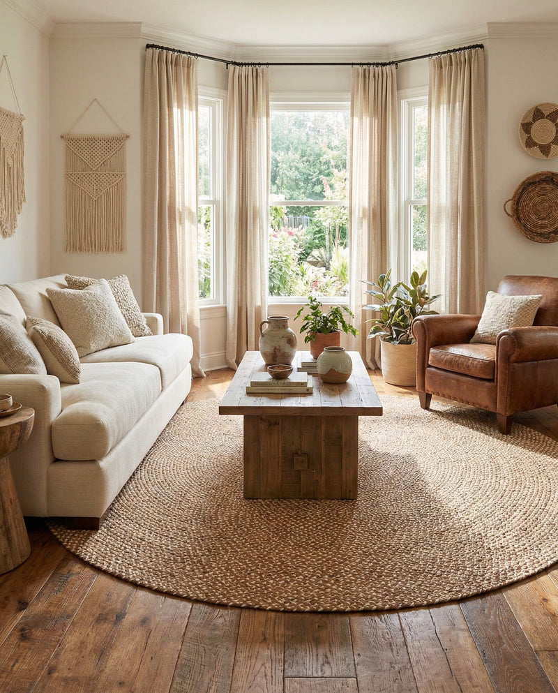 Highland Woven Jute Collection Area Rug - Glenmore (Light Brown) Round Light Brown  lifestyle 52