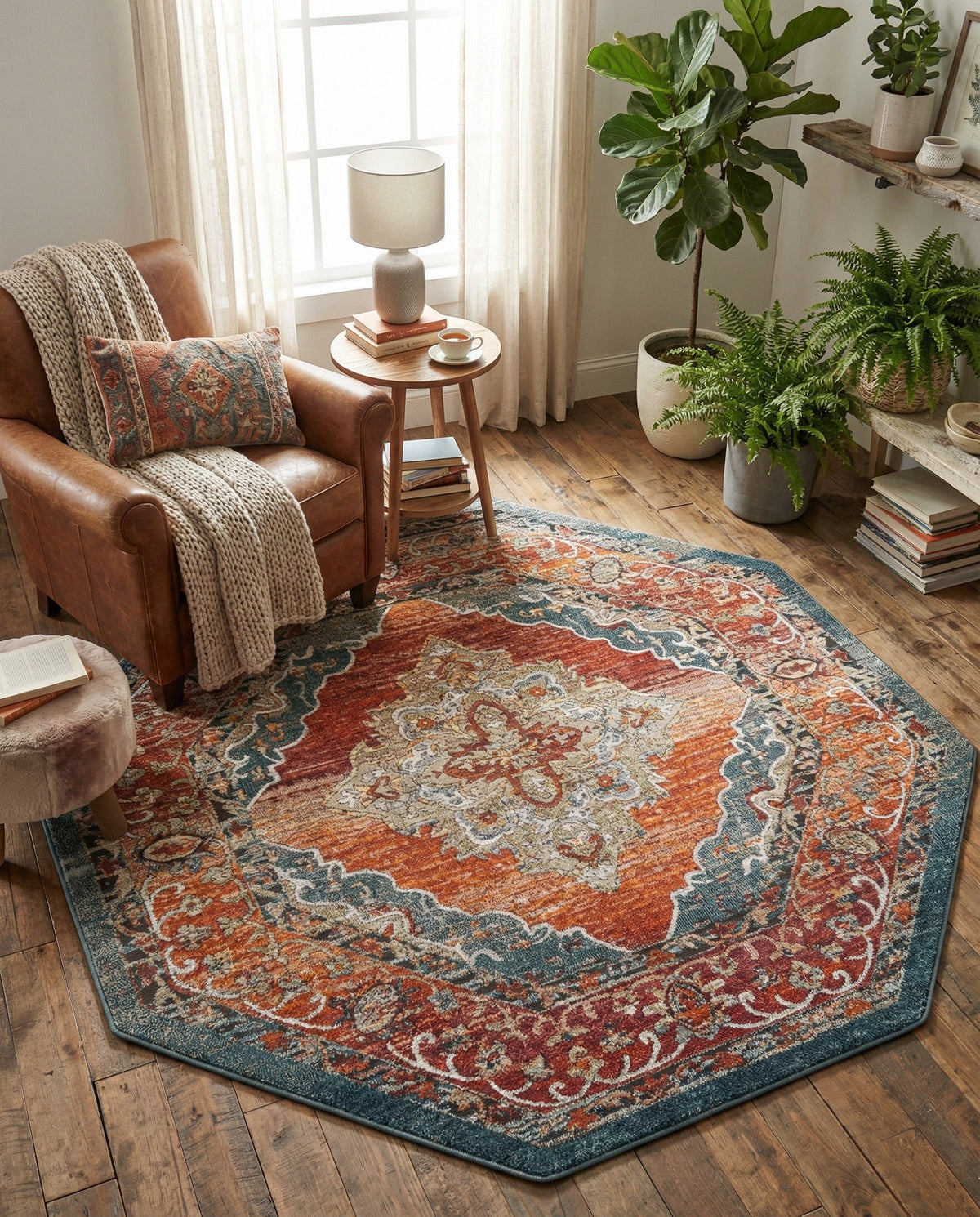 Savannah Soiree Collection Area Rug - Serengeti (Rust Red) Octagon Rust Red  lifestyle 55