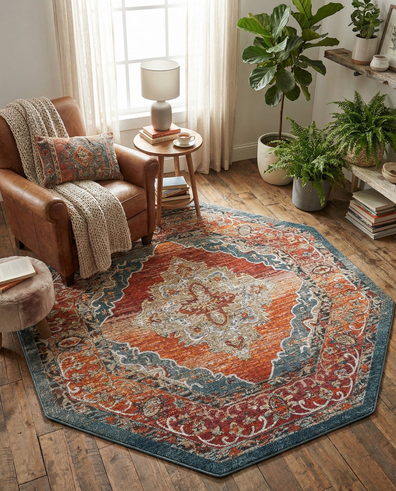 Savannah Soiree Collection Area Rug - Serengeti (Rust Red) Octagon Rust Red  lifestyle 55