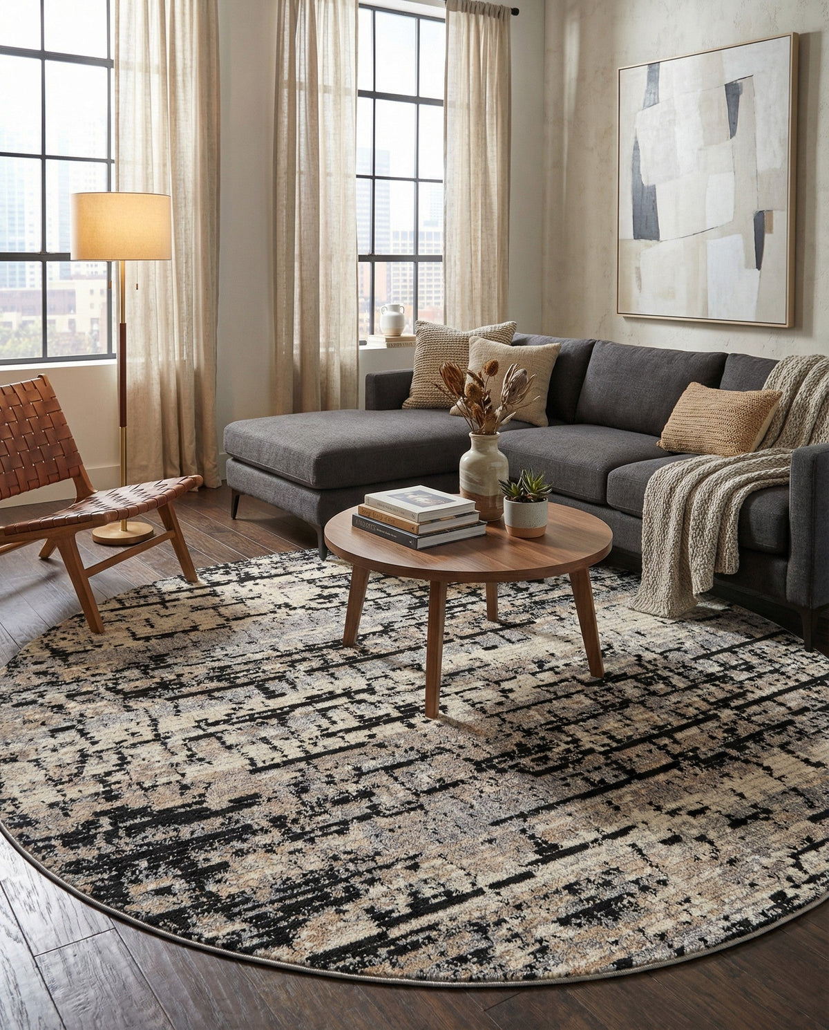 Santa Fe Trails Collection Area Rug -  Chaparral Round Gray  lifestyle 59