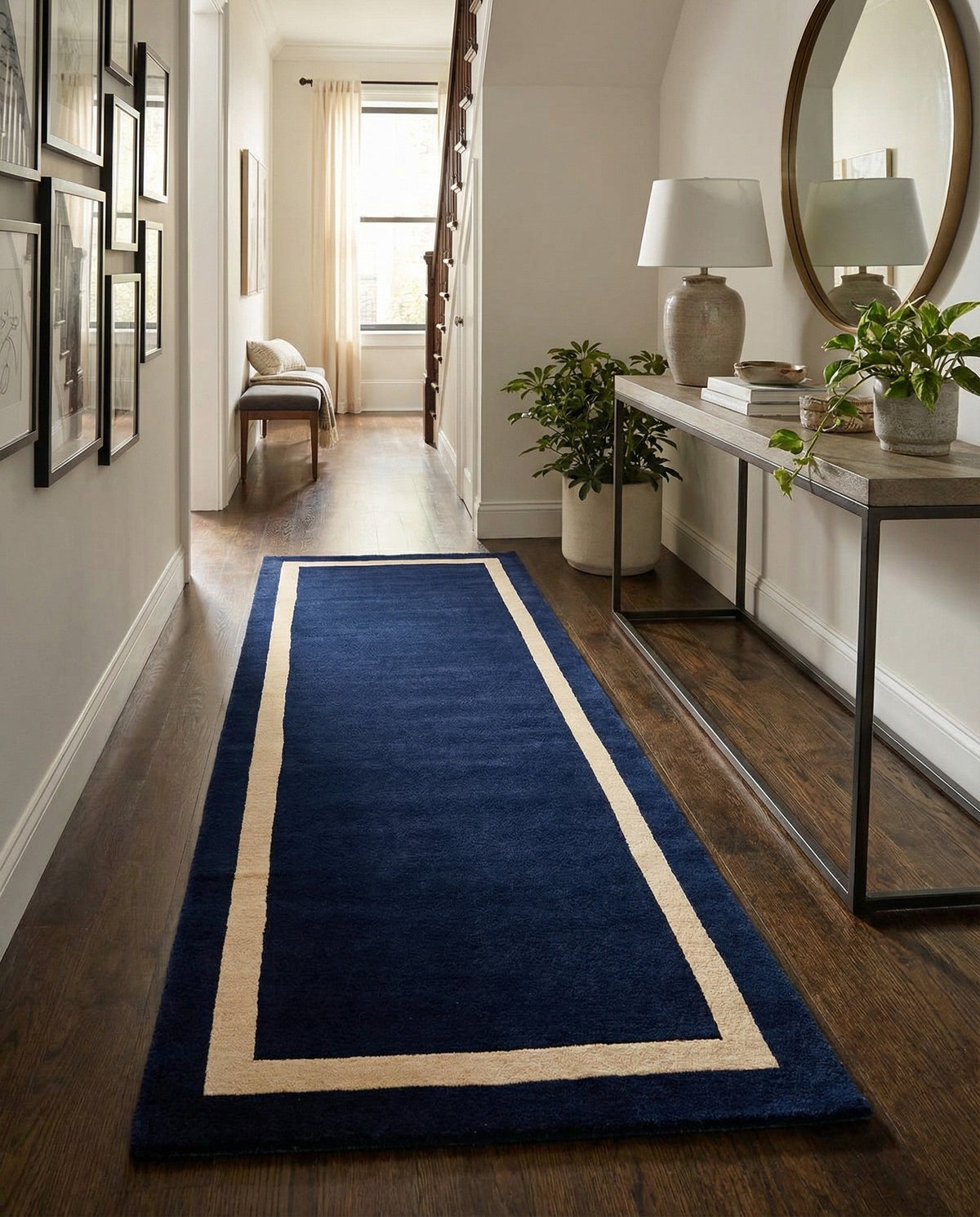 Savannah Borders Wool Collection Area Rug - Chatham Runner Cobalt Blue  lifestyle 170