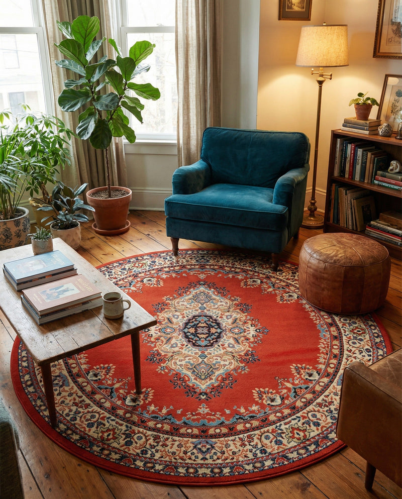 Tabriz Tapestry Collection Area Rug - Azerbaijan (Terracotta) Round Terracotta  lifestyle 44
