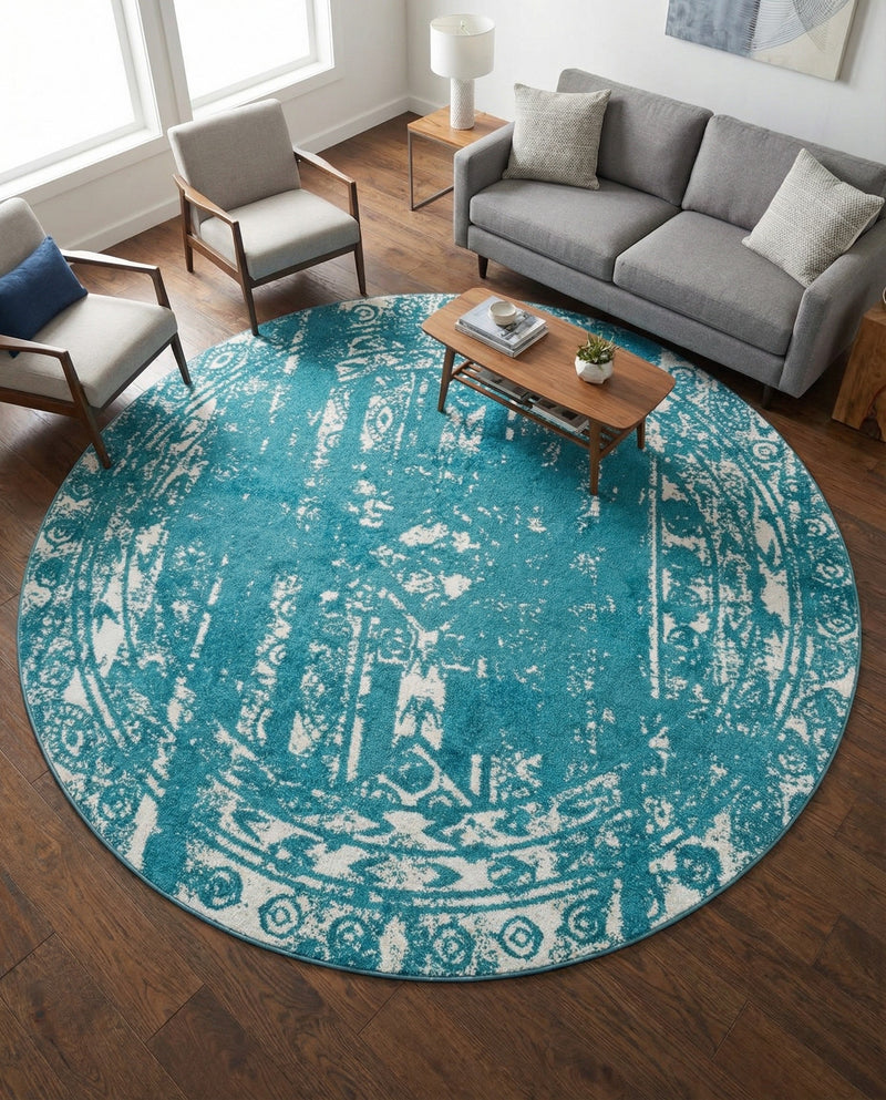 Brighton Stripes Collection Area Rug - Sussex (Turquoise) Round Turquoise  lifestyle 50