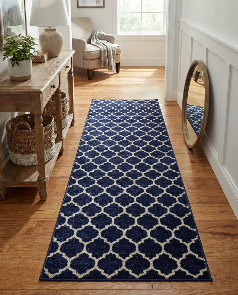 Lattice Gardens Collection Area Rug -  Bloomfield (Dark Blue) Runner Dark Blue  lifestyle 76