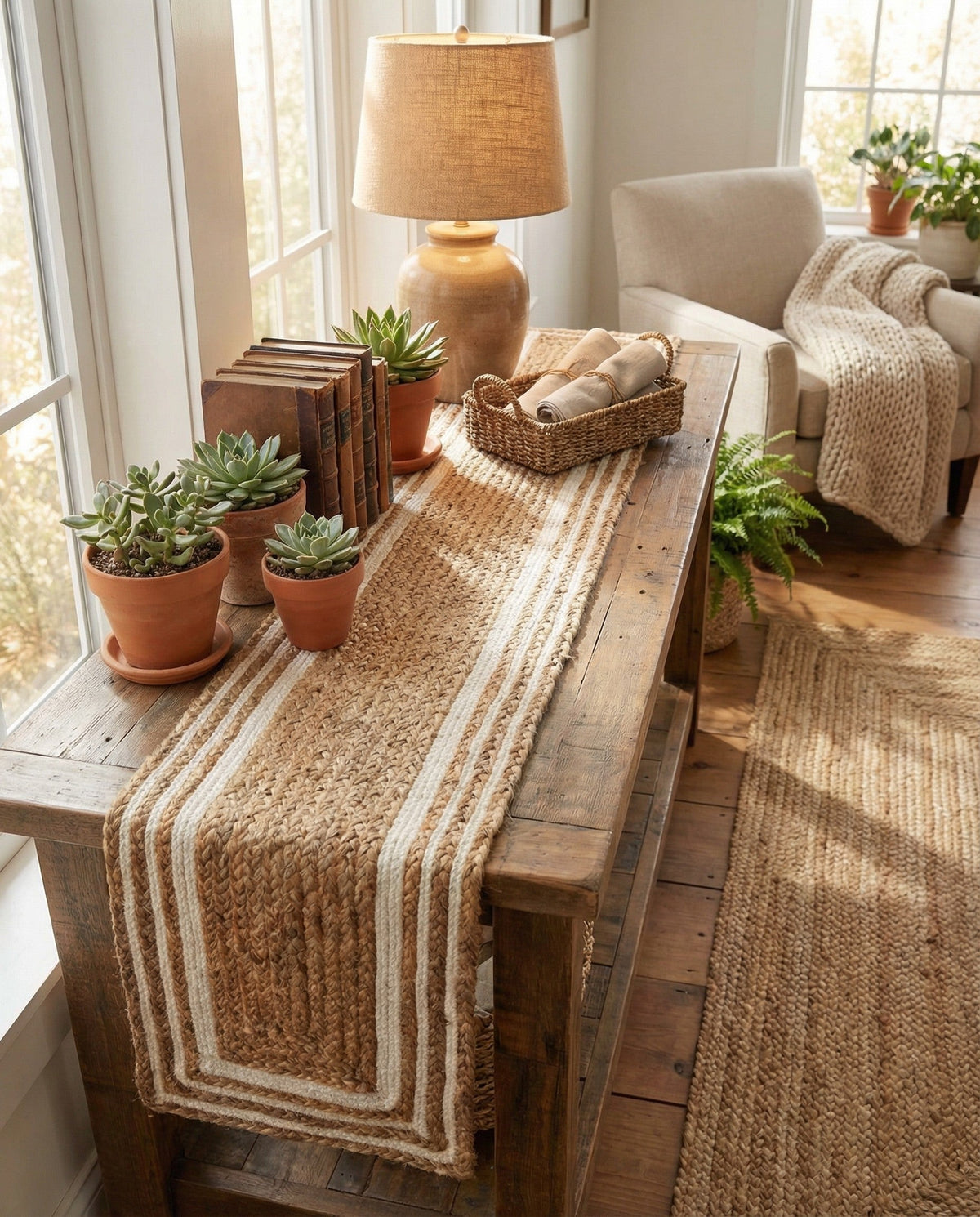 Woven Seaside Jute Collection Area Rug - Nantucket Table Runner Natural and White  lifestyle 120