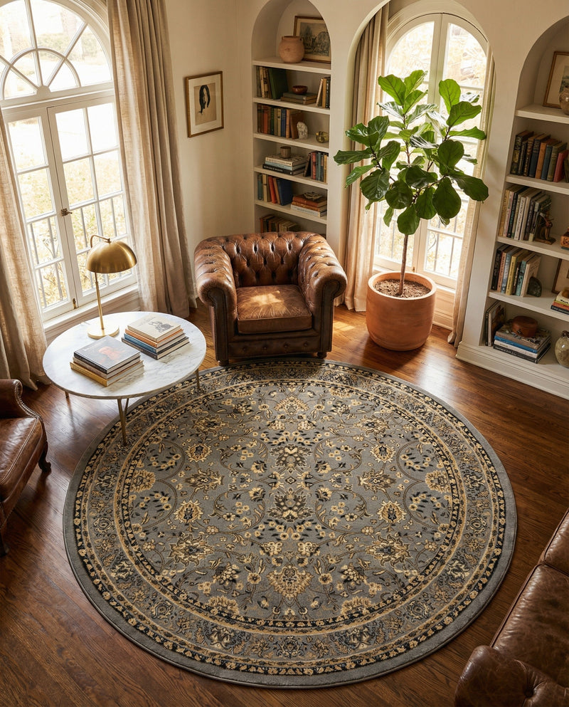 Isfahan Elegance Collection Area Rug - Naghsh-e Jahan (Gray) Round Gray  lifestyle 33