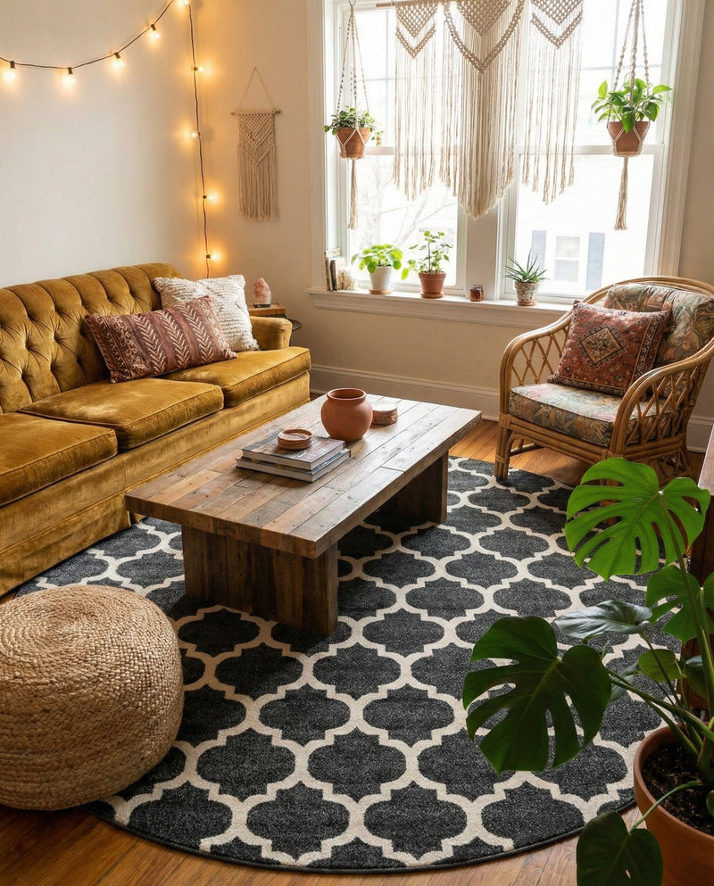 Lattice Gardens Collection Area Rug -  Bloomfield (Black) Round Black  lifestyle 53