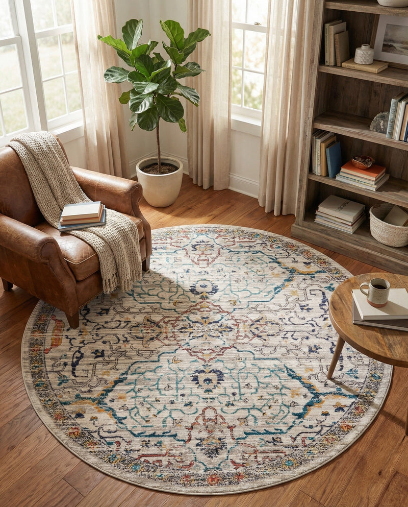 Seville Stripes Collection Area Rug -  Malaga (Ivory) Round Ivory  lifestyle 28
